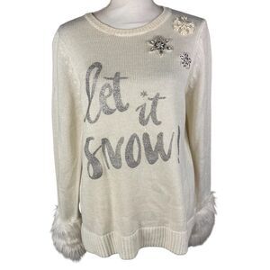 Holiday Time Let It Snow Sweater Large Faux Fur Trim Silver Metallic Snowflakes